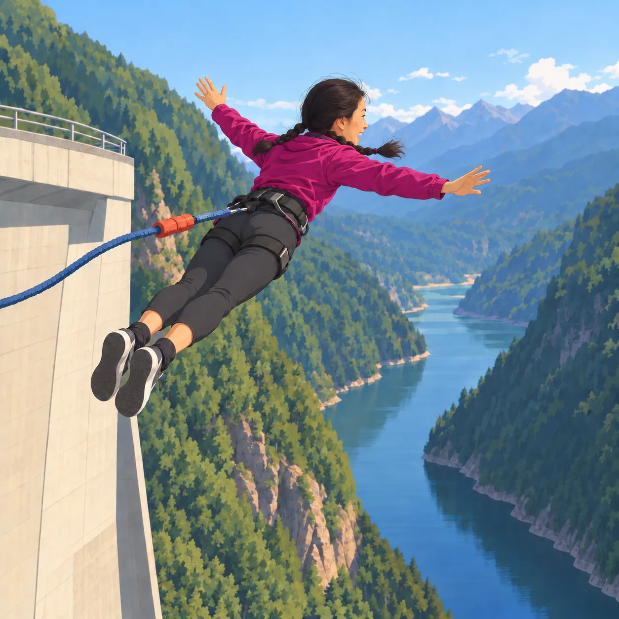 Illustration of a woman in a bright purple top with two braided pigtails bungee jumping from the Verzasca Dam in Ticino
