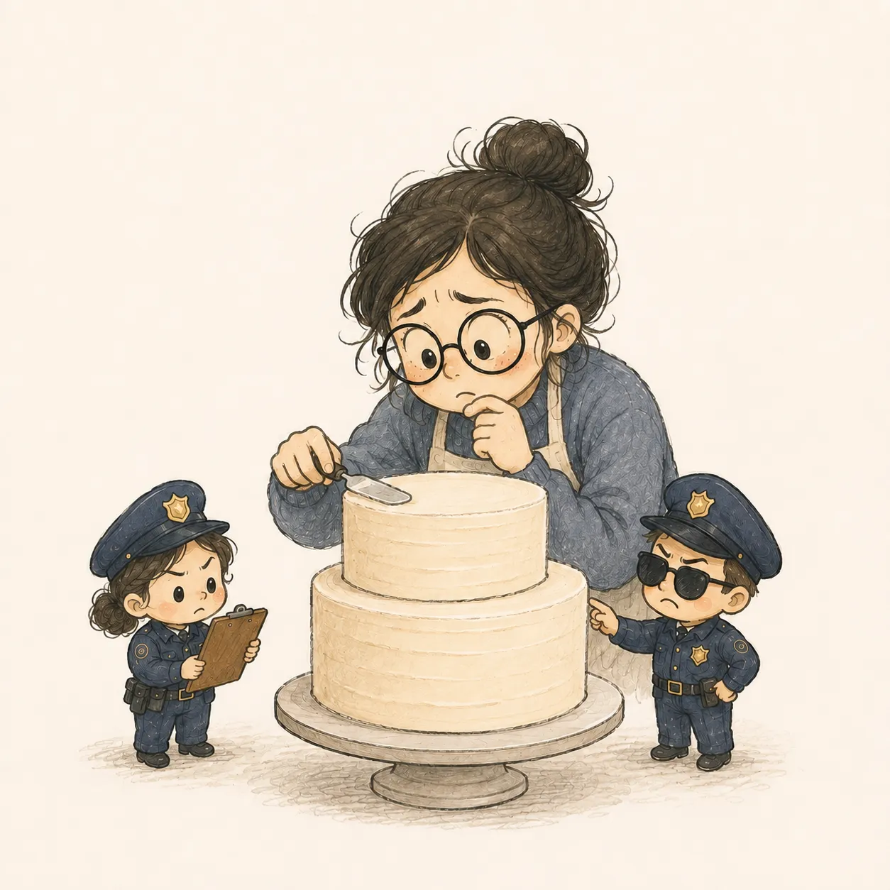 Cartoon of the Perfectionist Pastry Police inspecting a cake