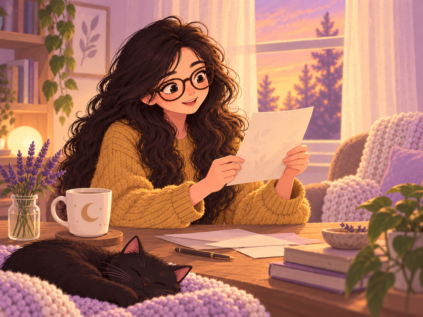 A woman in a mustard sweater discovers a sheet of paper while tidying her files.