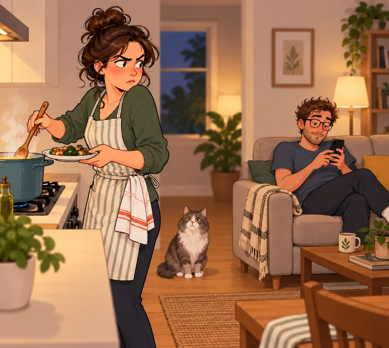 Cartoon of a tense dinner moment, with one partner cooking while the other sits on the sofa looking at his phone and a cat watches