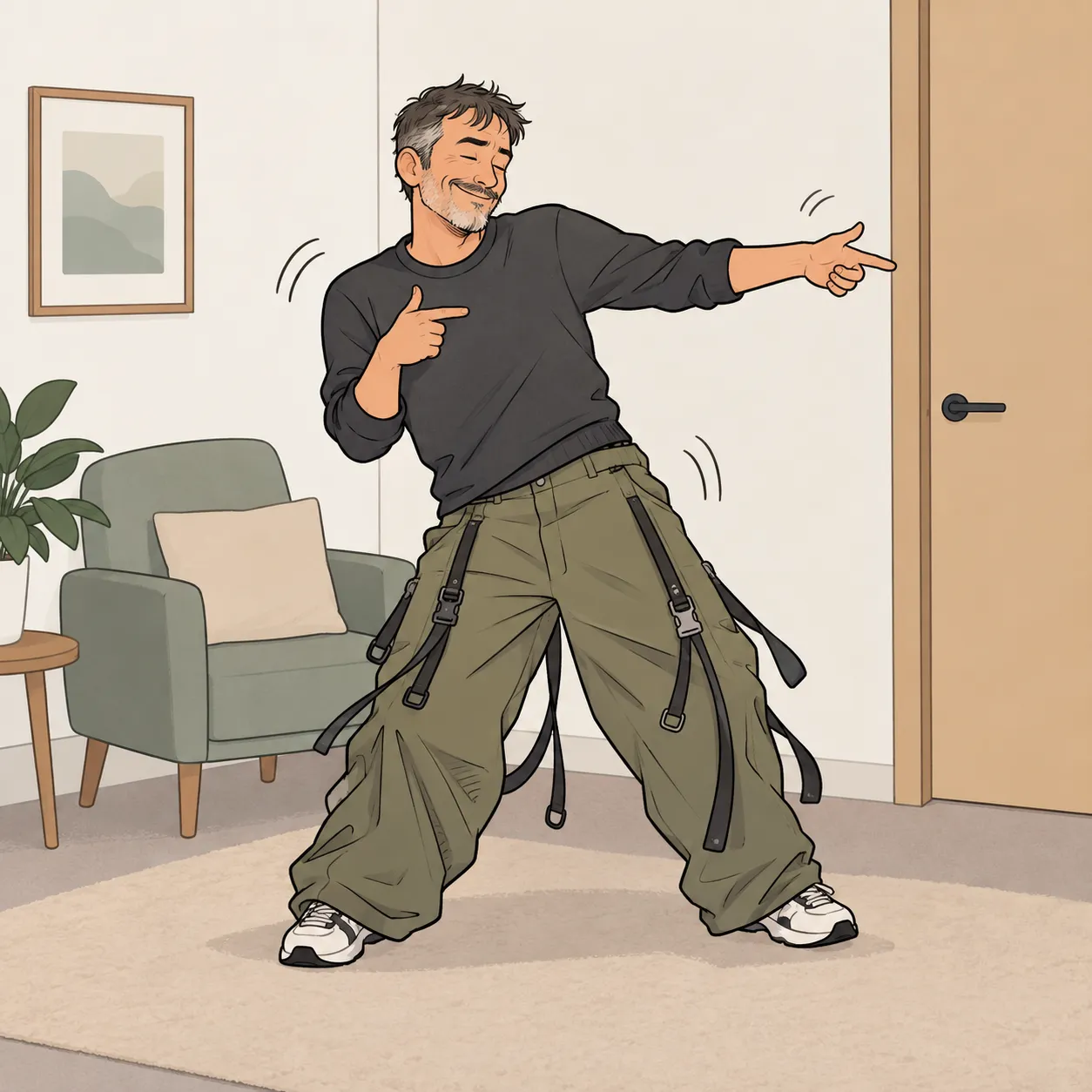 Cartoon illustration of a practitioner dancing in very baggy strapped trousers in a therapy room