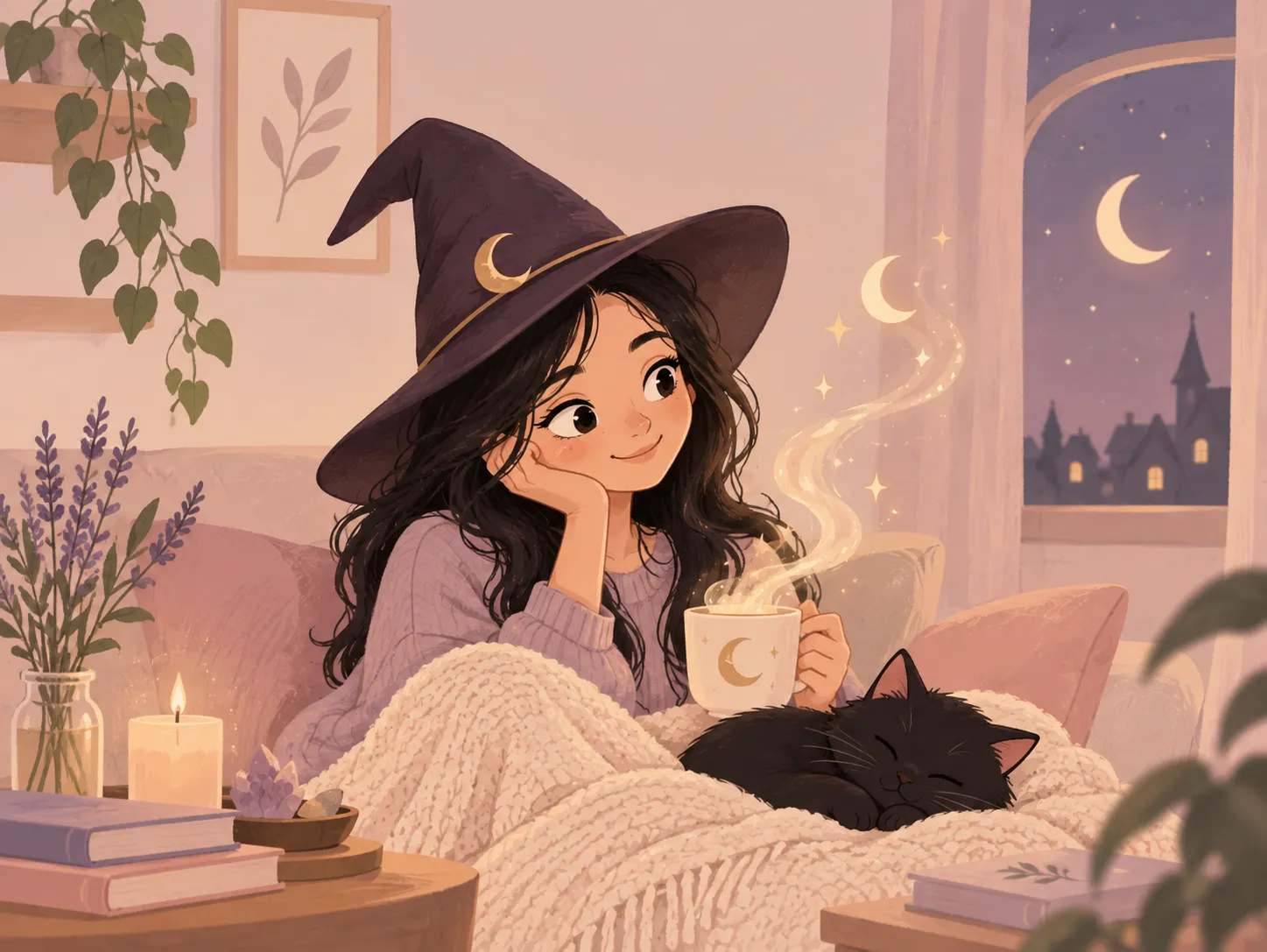 Cartoon of a woman with black hair in a cosy magical setting with a black cat, candles and soft lavender, pink and gold tones