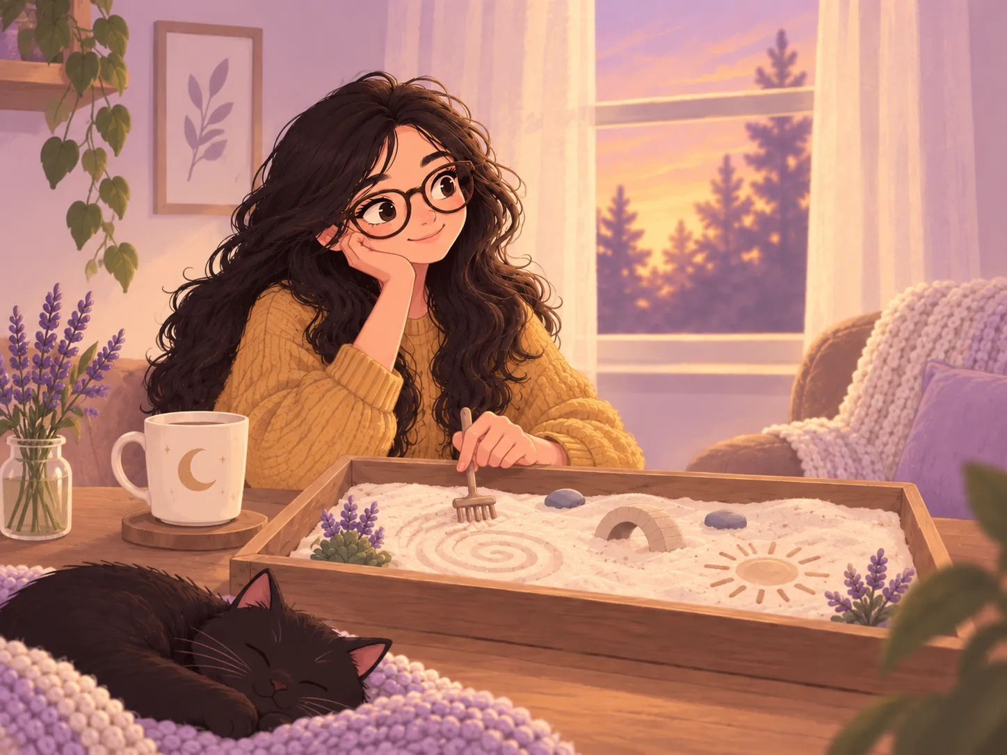 Illustration of a woman with glasses in a mustard jumper sitting beside a sand tray, with soft lavender details