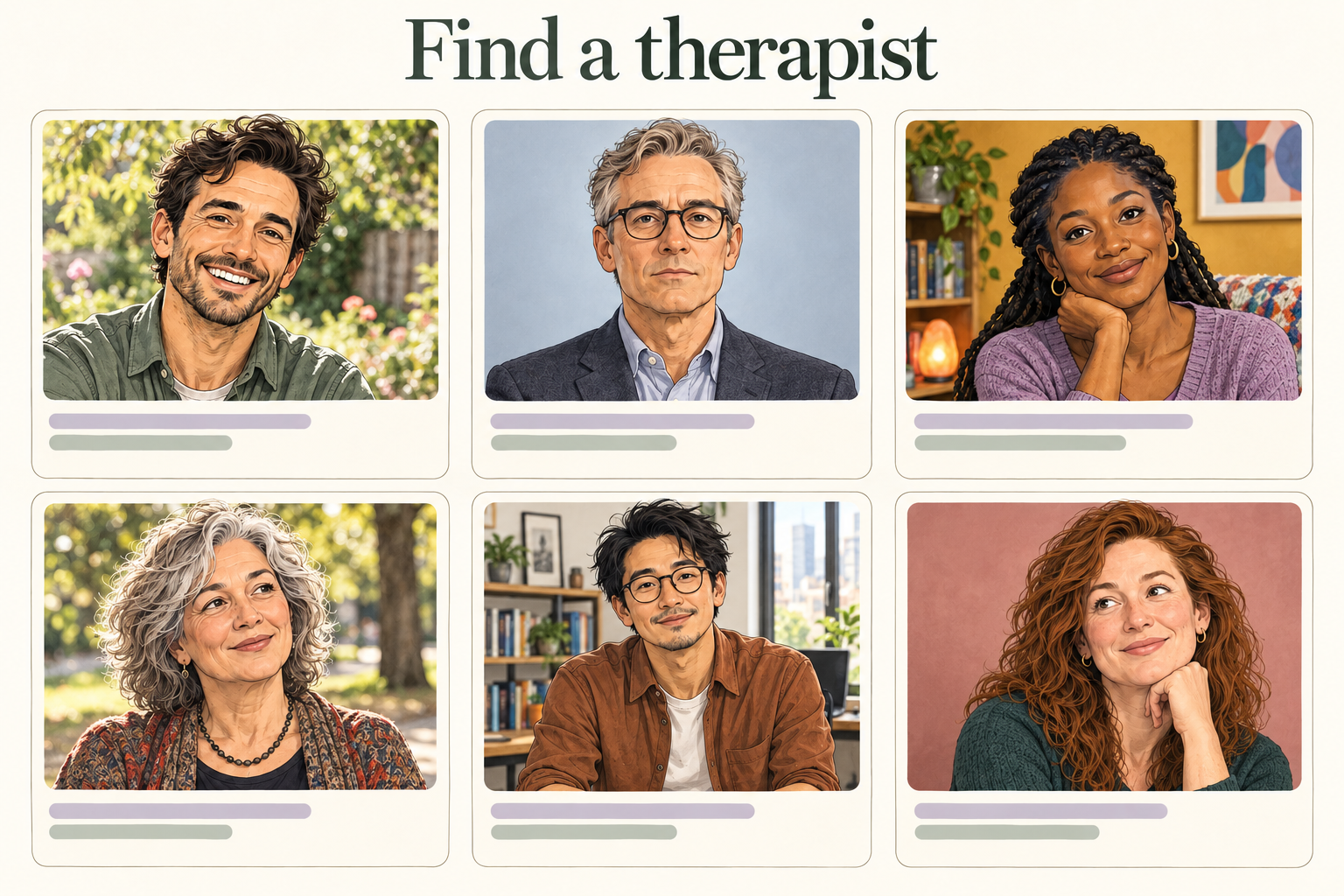 Cartoon therapist directory with six different portraits and backgrounds, including a smiling man and a serious-looking man.